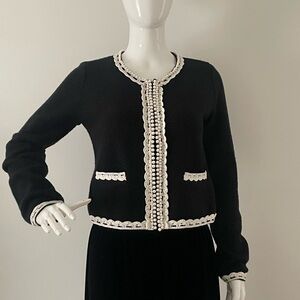 McCann knit jacket, crochet and pearl trimmed short jacket, black knit blazer